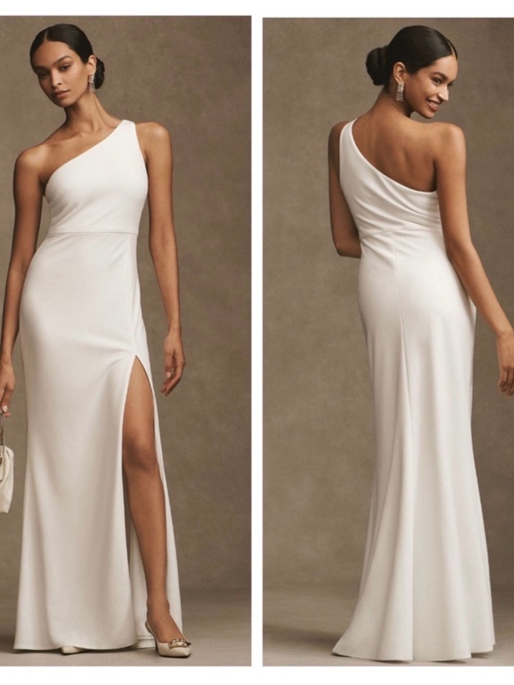 Anthropologie One-Shoulder Ivory Evening Gown with Side Slit